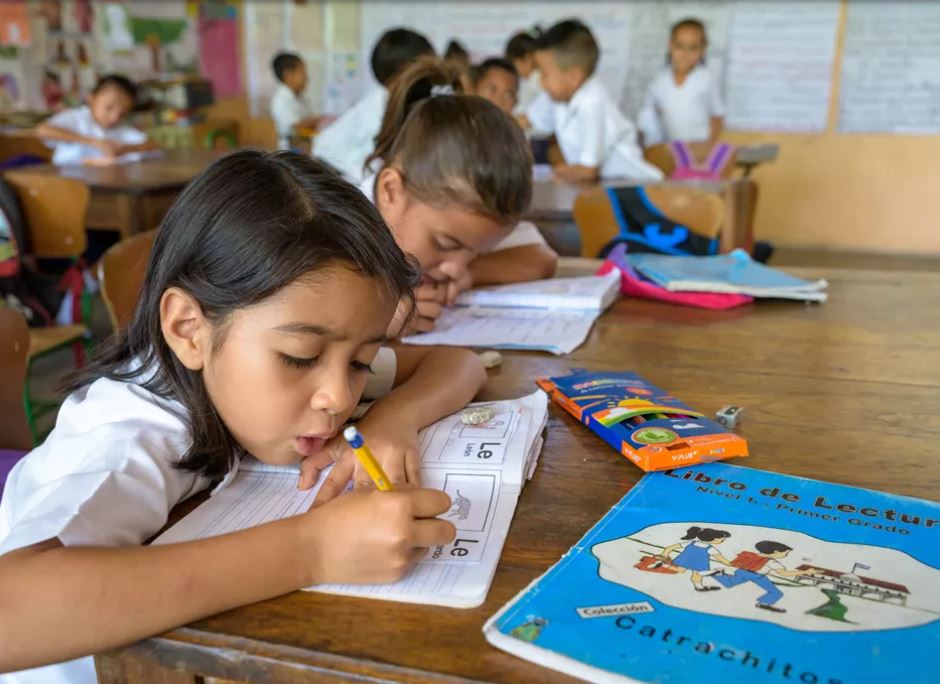 Niños en una escuela escriben en sus cuadernos de actividades de clase