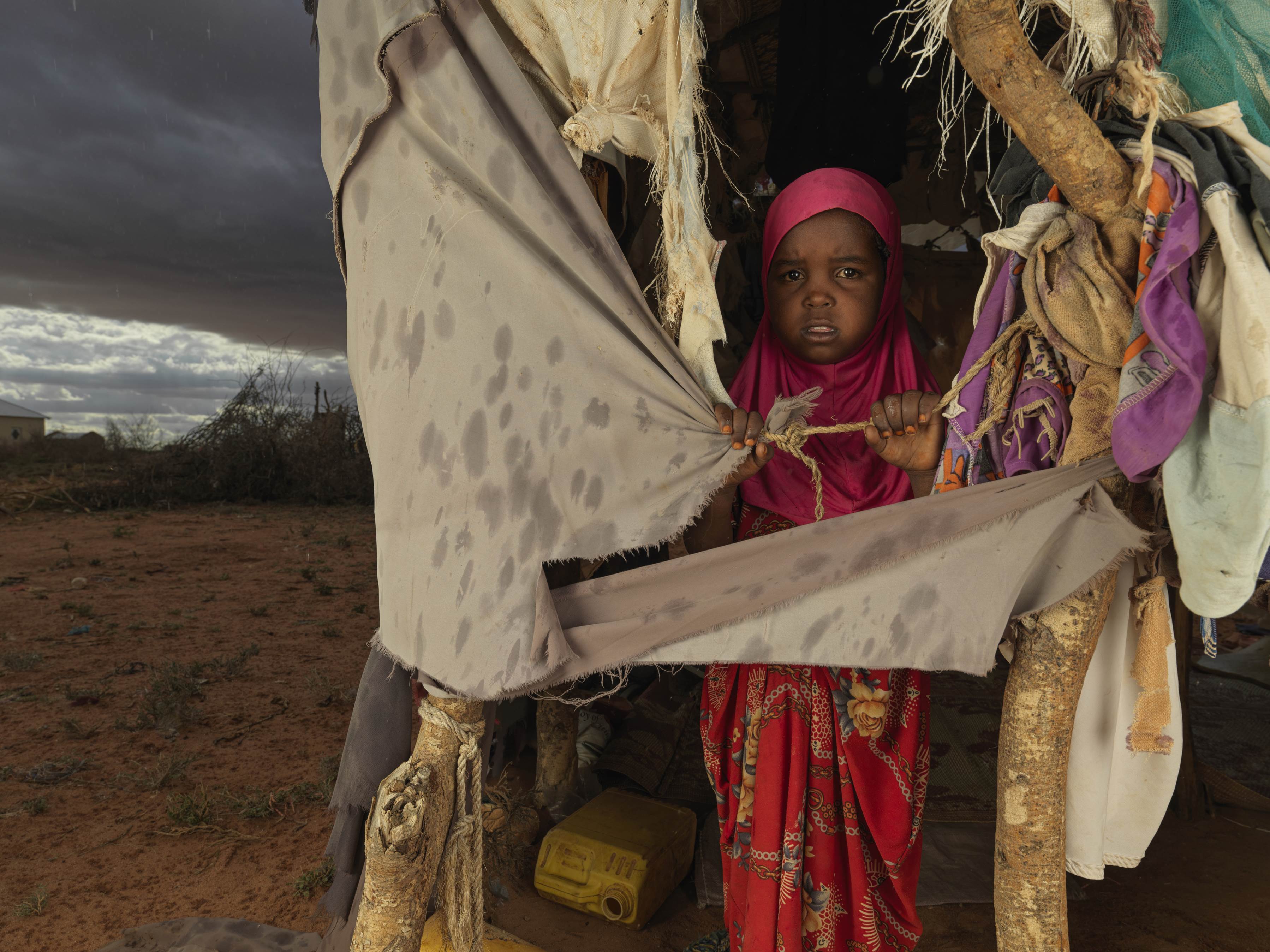 Niña de Somalilandia mirando desde el refugio improvisado donde vive